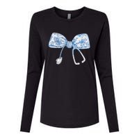 Women Toile Nurse Bow Blue Coquette Nurse Stethoscope Bow Gift Womens Cotton Relaxed Long Sleeve T-Shirt