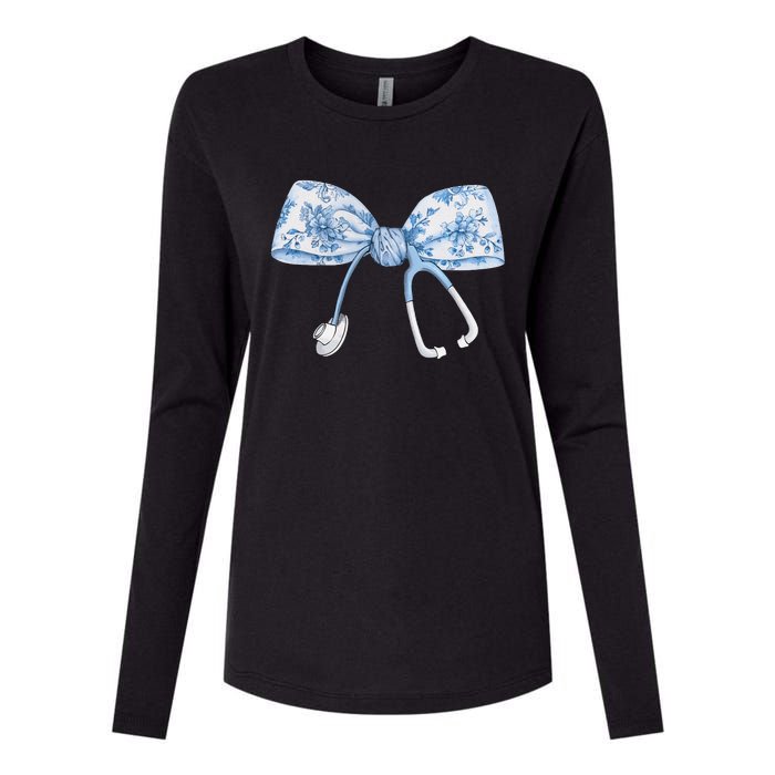 Women Toile Nurse Bow Blue Coquette Nurse Stethoscope Bow Gift Womens Cotton Relaxed Long Sleeve T-Shirt