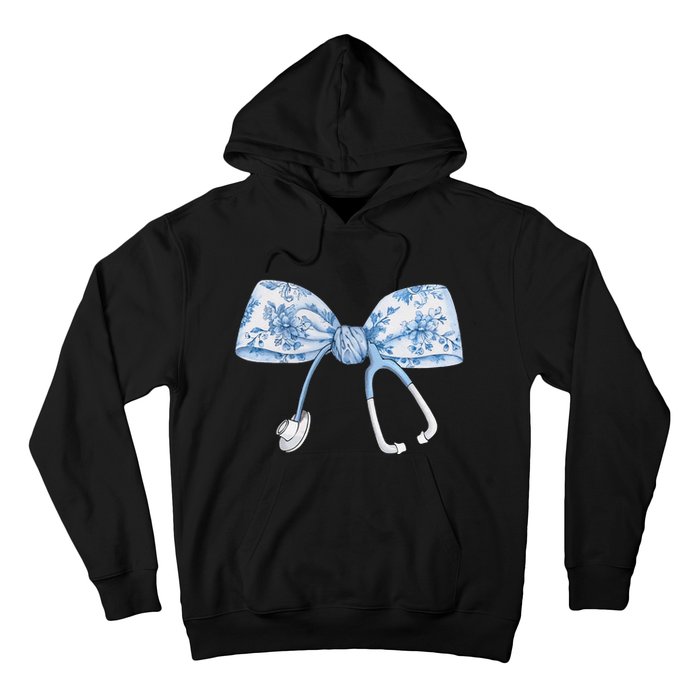 Women Toile Nurse Bow Blue Coquette Nurse Stethoscope Bow Gift Hoodie