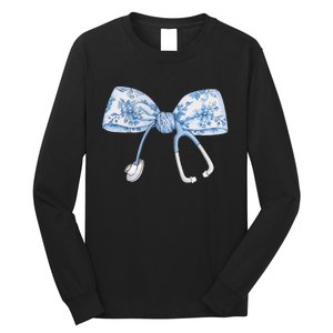 Women Toile Nurse Bow Blue Coquette Nurse Stethoscope Bow Gift Long Sleeve Shirt