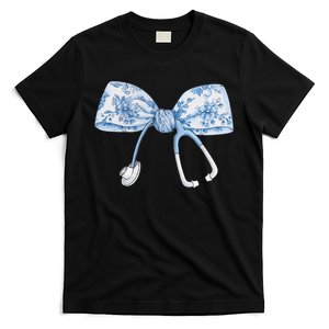 Women Toile Nurse Bow Blue Coquette Nurse Stethoscope Bow Gift T-Shirt