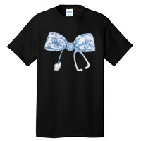 Women Toile Nurse Bow Blue Coquette Nurse Stethoscope Bow Gift Tall T-Shirt