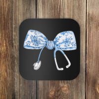 Women Toile Nurse Bow Blue Coquette Nurse Stethoscope Bow Gift Coaster