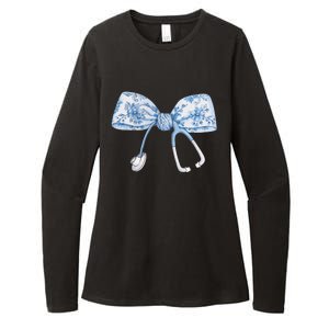 Women Toile Nurse Bow Blue Coquette Nurse Stethoscope Bow Gift Womens CVC Long Sleeve Shirt