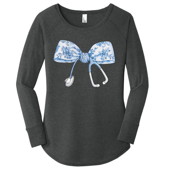 Women Toile Nurse Bow Blue Coquette Nurse Stethoscope Bow Gift Women's Perfect Tri Tunic Long Sleeve Shirt