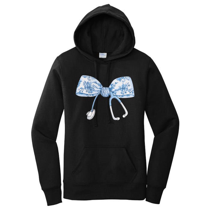 Women Toile Nurse Bow Blue Coquette Nurse Stethoscope Bow Gift Women's Pullover Hoodie