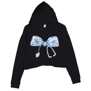 Women Toile Nurse Bow Blue Coquette Nurse Stethoscope Bow Gift Crop Fleece Hoodie