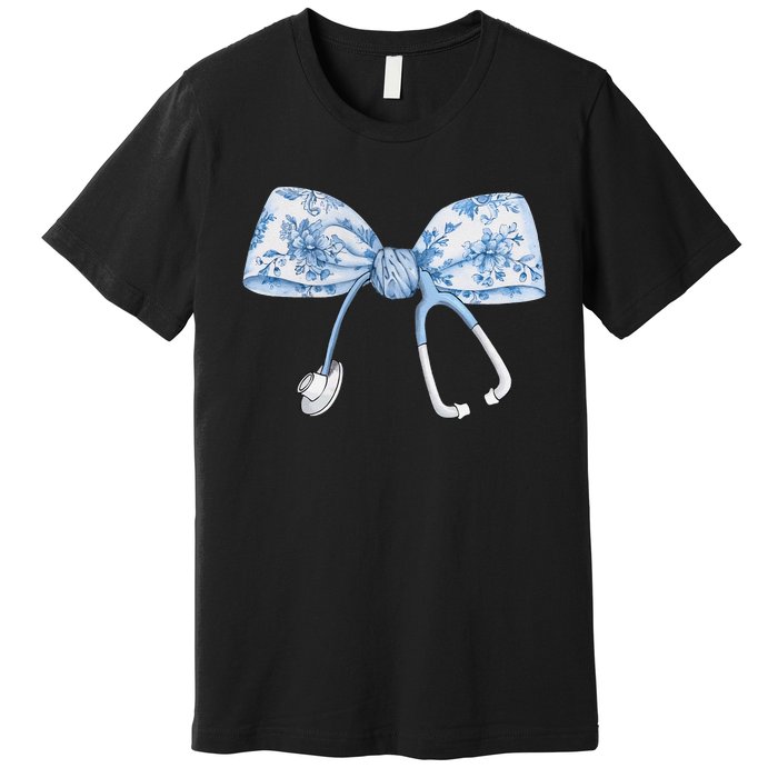 Women Toile Nurse Bow Blue Coquette Nurse Stethoscope Bow Gift Premium T-Shirt