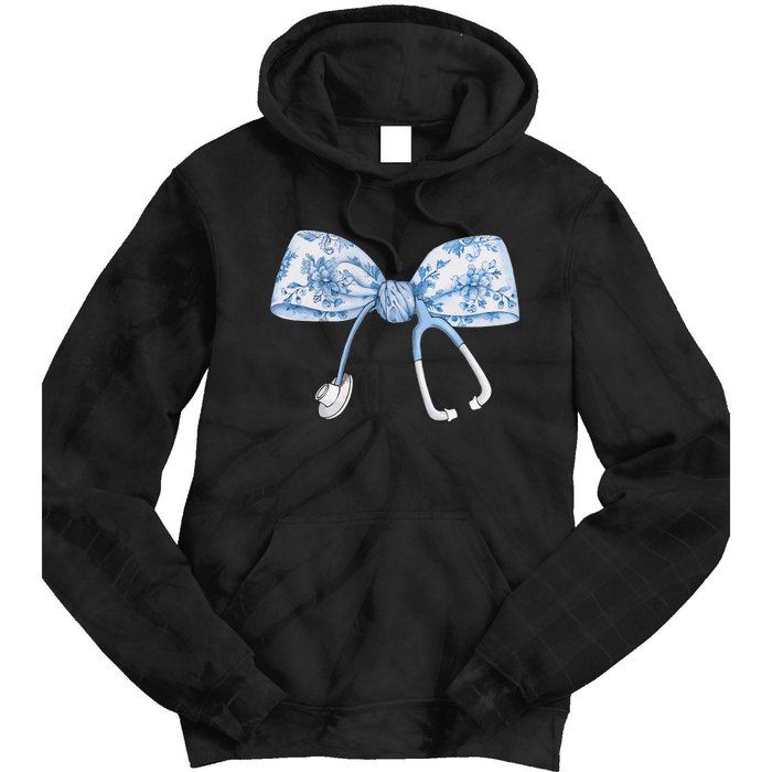 Women Toile Nurse Bow Blue Coquette Nurse Stethoscope Bow Gift Tie Dye Hoodie