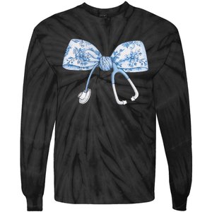 Women Toile Nurse Bow Blue Coquette Nurse Stethoscope Bow Gift Tie-Dye Long Sleeve Shirt