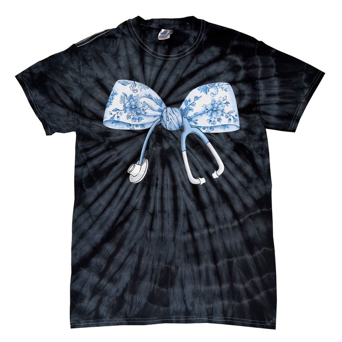 Women Toile Nurse Bow Blue Coquette Nurse Stethoscope Bow Gift Tie-Dye T-Shirt