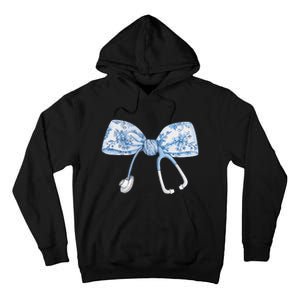 Women Toile Nurse Bow Blue Coquette Nurse Stethoscope Bow Gift Tall Hoodie