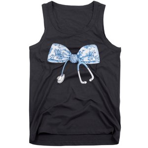 Women Toile Nurse Bow Blue Coquette Nurse Stethoscope Bow Gift Tank Top