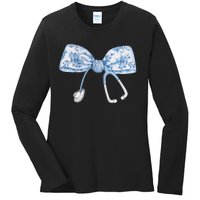 Women Toile Nurse Bow Blue Coquette Nurse Stethoscope Bow Gift Ladies Long Sleeve Shirt