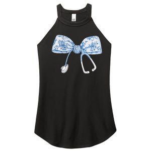 Women Toile Nurse Bow Blue Coquette Nurse Stethoscope Bow Gift Women's Perfect Tri Rocker Tank