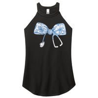 Women Toile Nurse Bow Blue Coquette Nurse Stethoscope Bow Gift Women's Perfect Tri Rocker Tank