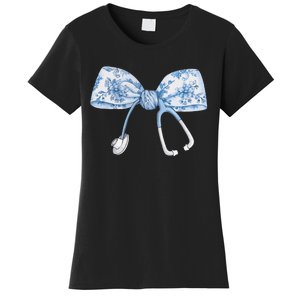 Women Toile Nurse Bow Blue Coquette Nurse Stethoscope Bow Gift Women's T-Shirt