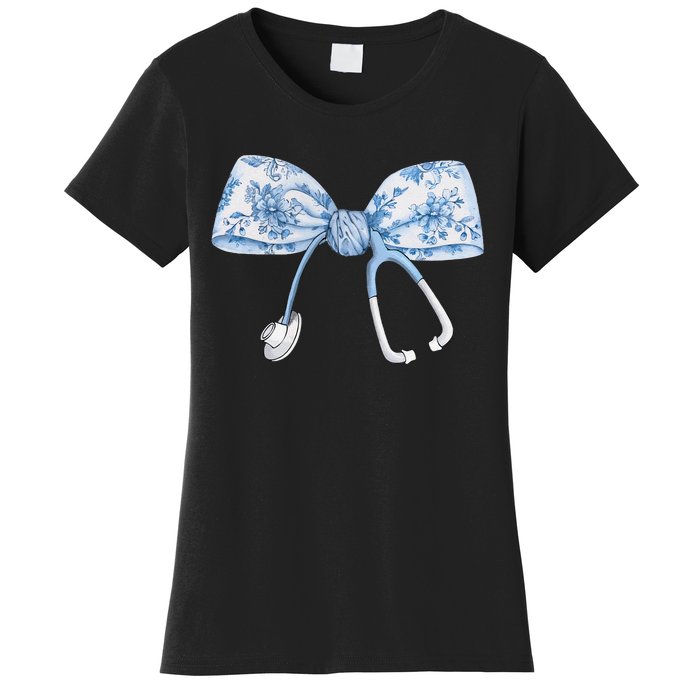 Women Toile Nurse Bow Blue Coquette Nurse Stethoscope Bow Gift Women's T-Shirt