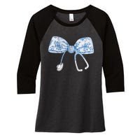 Women Toile Nurse Bow Blue Coquette Nurse Stethoscope Bow Gift Women's Tri-Blend 3/4-Sleeve Raglan Shirt