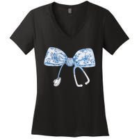 Women Toile Nurse Bow Blue Coquette Nurse Stethoscope Bow Gift Women's V-Neck T-Shirt