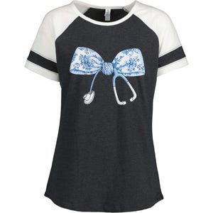 Women Toile Nurse Bow Blue Coquette Nurse Stethoscope Bow Gift Enza Ladies Jersey Colorblock Tee