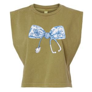 Women Toile Nurse Bow Blue Coquette Nurse Stethoscope Bow Gift Garment-Dyed Women's Muscle Tee