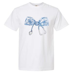 Women Toile Nurse Bow Blue Coquette Nurse Stethoscope Bow Gift Garment-Dyed Heavyweight T-Shirt