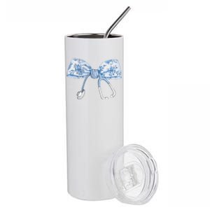 Women Toile Nurse Bow Blue Coquette Nurse Stethoscope Bow Gift Stainless Steel Tumbler