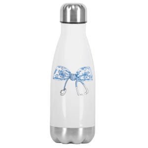 Women Toile Nurse Bow Blue Coquette Nurse Stethoscope Bow Gift Stainless Steel Insulated Water Bottle