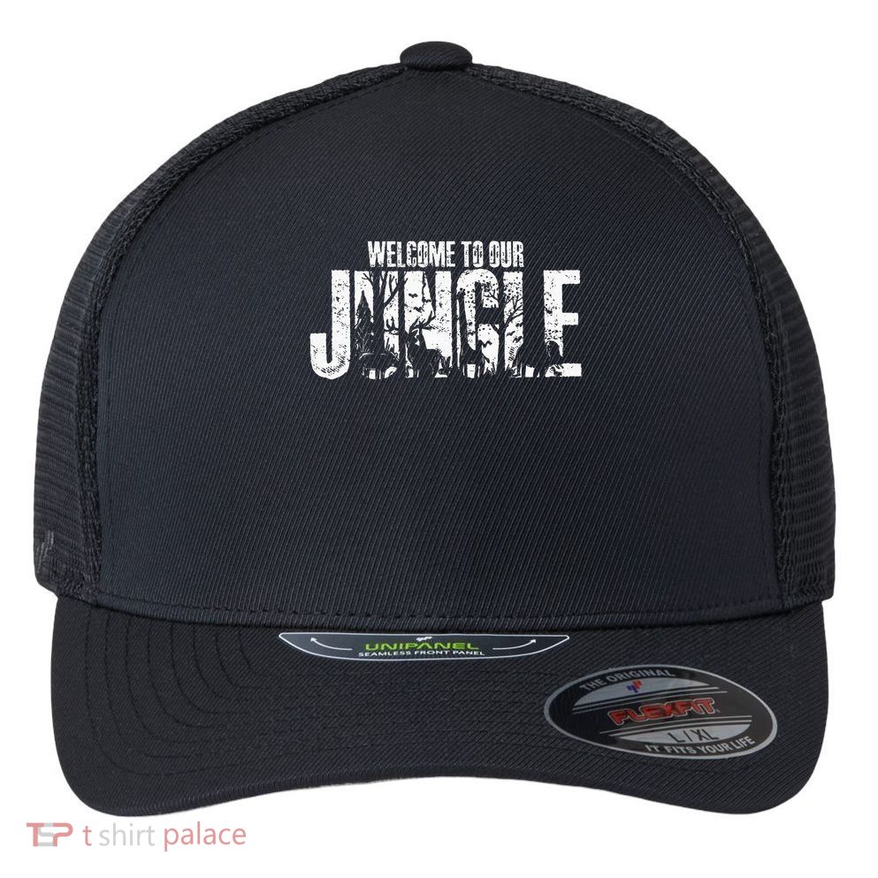 Welcome To Our Jungle Safari And Zoo Camping Flexfit Unipanel Trucker Cap