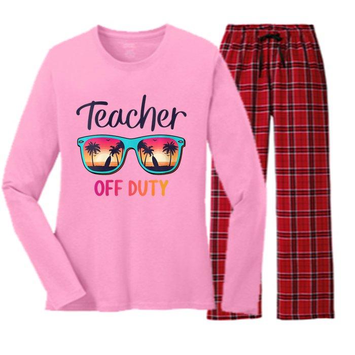 Womens Teacher Off Duty Happy Last Day Of School Teacher Summer Women's Long Sleeve Flannel Pajama Set 