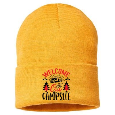 Welcome To Our Campsite Funny Camping Sustainable Knit Beanie