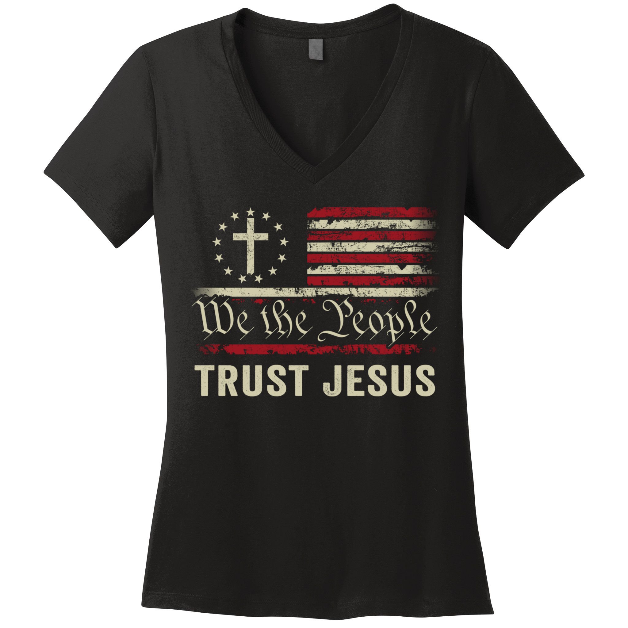 We The People Trust Jesus USA Flag Christian Patriotic Women's V-Neck T-Shirt