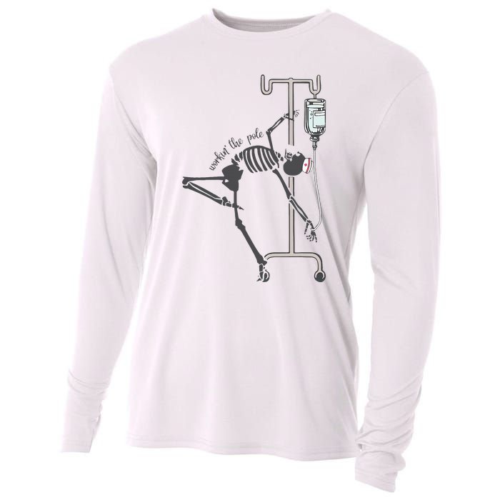 Working The Pole Funny Nurse Dancing Skeleton Halloween Cute Cooling Performance Long Sleeve Crew