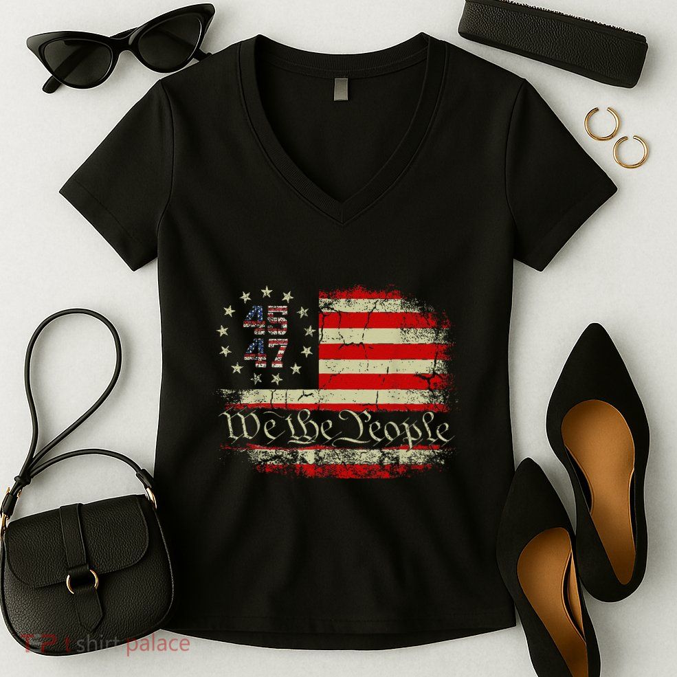 We The People Distressed Retro Flag 45 47 Trump Supporter Women's V-Neck T-Shirt