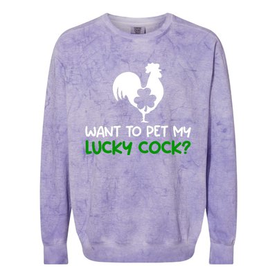 Want To Pet My Lucky Cock Funny St PatrickS Day Chicken Pun Colorblast Crewneck Sweatshirt