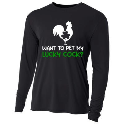 Want To Pet My Lucky Cock Funny St PatrickS Day Chicken Pun Cooling Performance Long Sleeve Crew