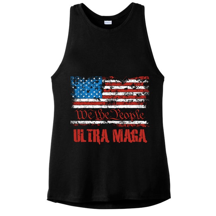 We The People Ultra MAGA King Vintage USA Flag Pride Ladies PosiCharge Tri-Blend Wicking Tank