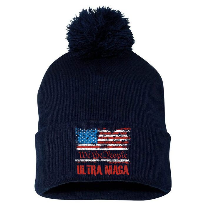 We The People Ultra MAGA King Vintage USA Flag Pride Pom Pom 12in Knit Beanie