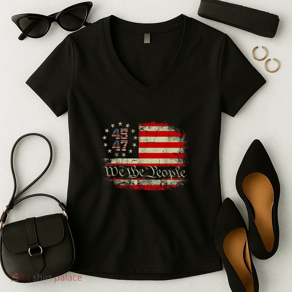 We The People Distressed Retro Flag 45 47 Trump Supporter Women's V-Neck T-Shirt