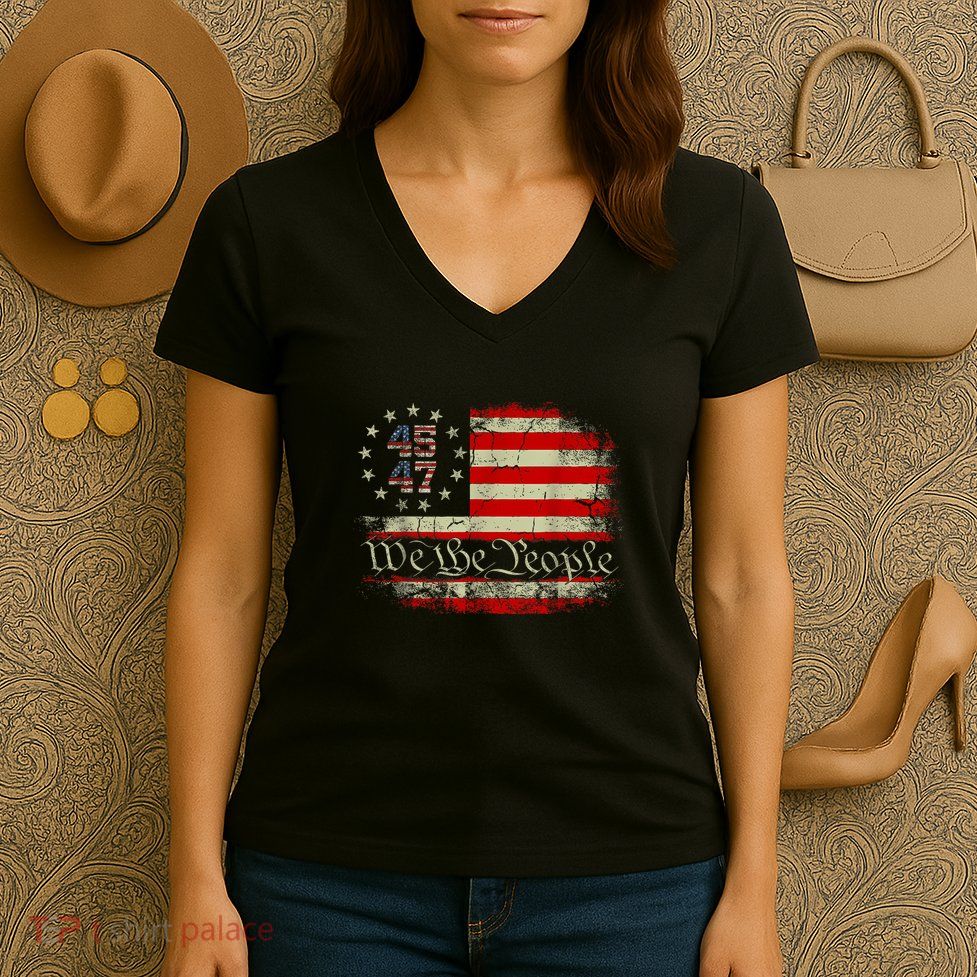 We The People Distressed Retro Flag 45 47 Trump Supporter Women's V-Neck T-Shirt