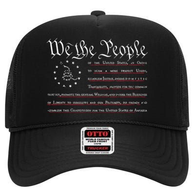 We The People Gadsden USA Flag Preamble Of The Constitution High Crown Mesh Back Trucker Hat