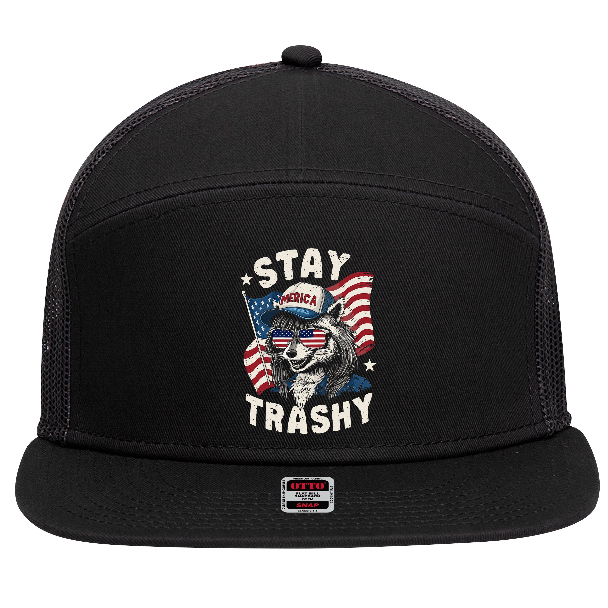 White Trash Party Attire Redneck Raccoon Stay Trashy Usa 7 Panel Mesh Trucker Snapback Hat