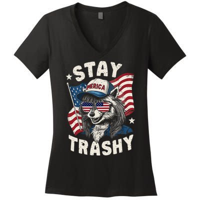 White Trash Party Attire Redneck Raccoon Stay Trashy Usa Women's V-Neck T-Shirt