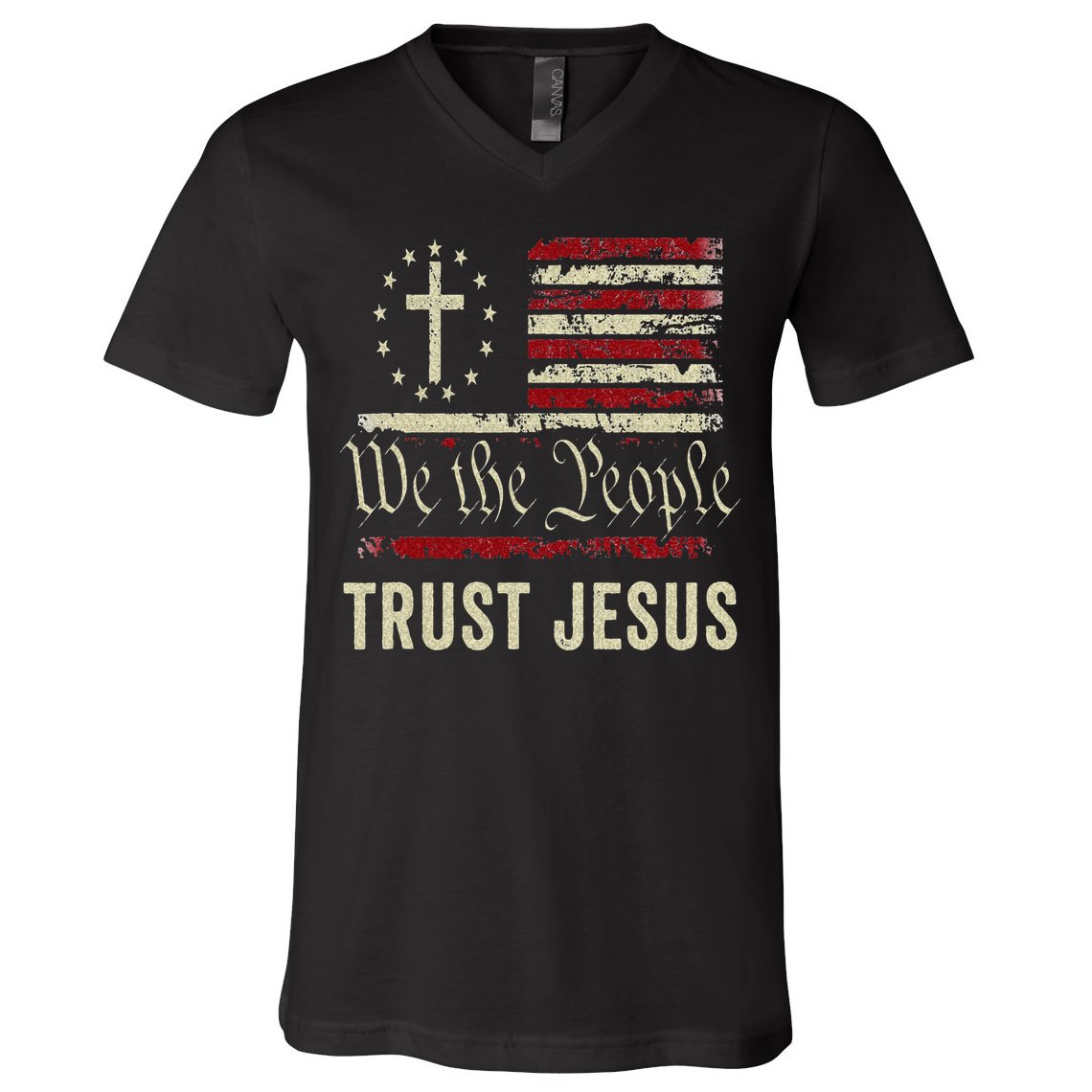 We The People Trust Jesus USA Flag Christian Patriotic V-Neck T-Shirt