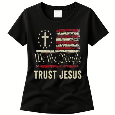 We The People Trust Jesus USA Flag Christian Patriotic Womens T-Shirt