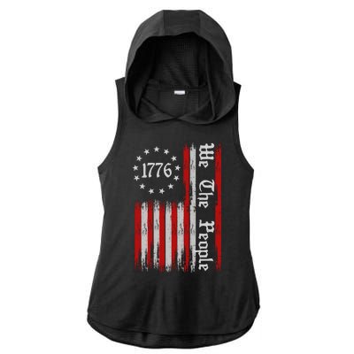 We The People 1776 Distressed USA American Flag Ladies PosiCharge Tri-Blend Wicking Draft Hoodie Tank