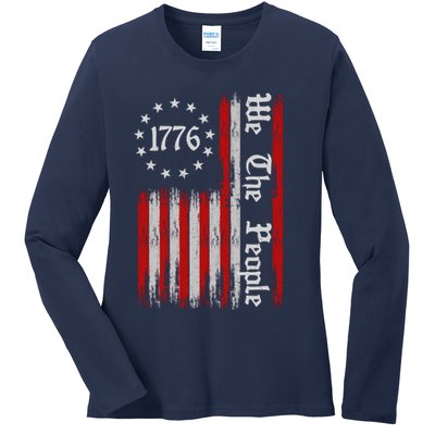 We The People 1776 Distressed USA American Flag Ladies Long Sleeve Shirt