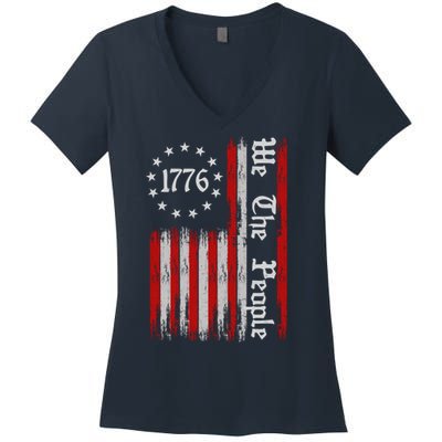 We The People 1776 Distressed USA American Flag Women's V-Neck T-Shirt