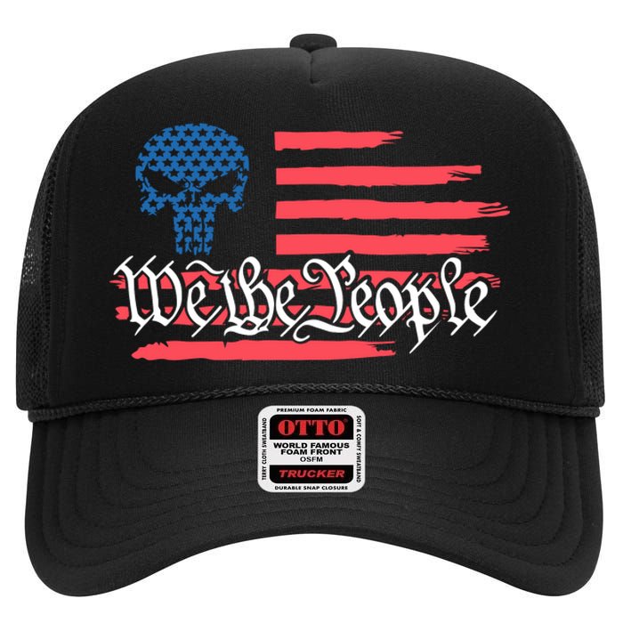 We The People US Flag Skull High Crown Mesh Back Trucker Hat